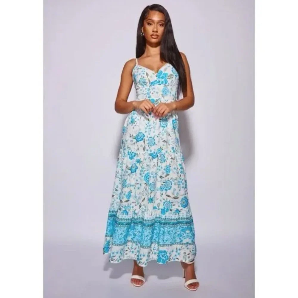 Blue Floral Print V-Neck Open Back Tiered Maxi Dress - Picture 9 of 15